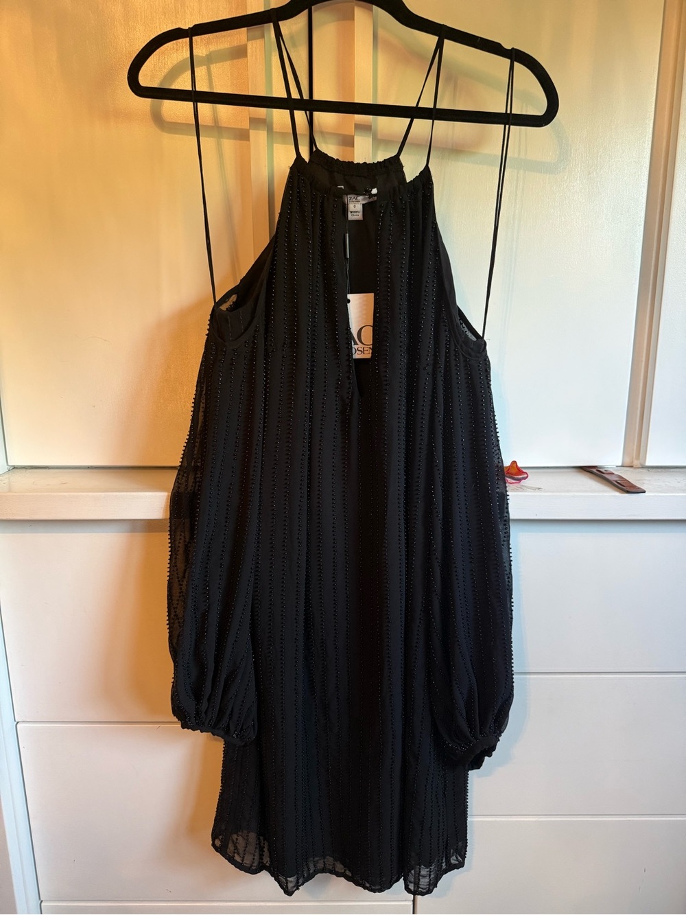 Zac Posen black beaded cold shoulder mini dress